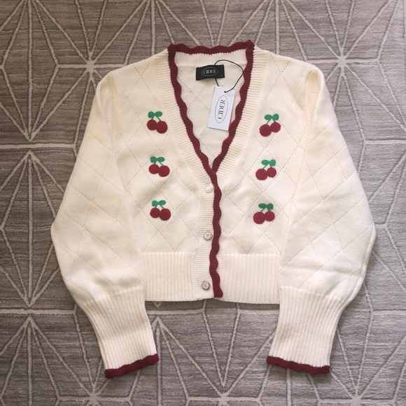 Cider Sweaters - Cider Crop Cream Embroidered Cherry Cardigan Sweater NWT